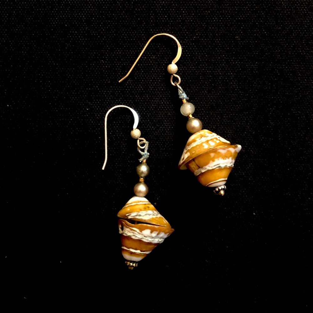 Shell Earrings 14k Gold Dangle Hooks Seashell Oce… - image 1